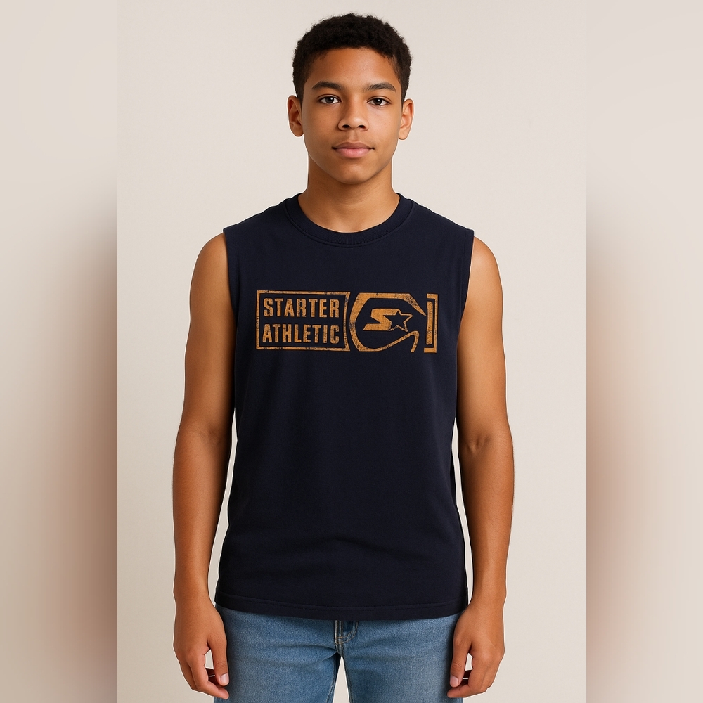 M3) Vintage Starter Athletic Sleeveless Tee – Size 16/18 – Navy with Orange Grap